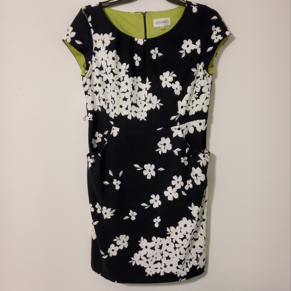 🦋 STUDIO 1 ~ STRETCH BLACK FLORAL SHEATH DRESS CAP SLEEVE W/ SCOOPNECK SZ 14